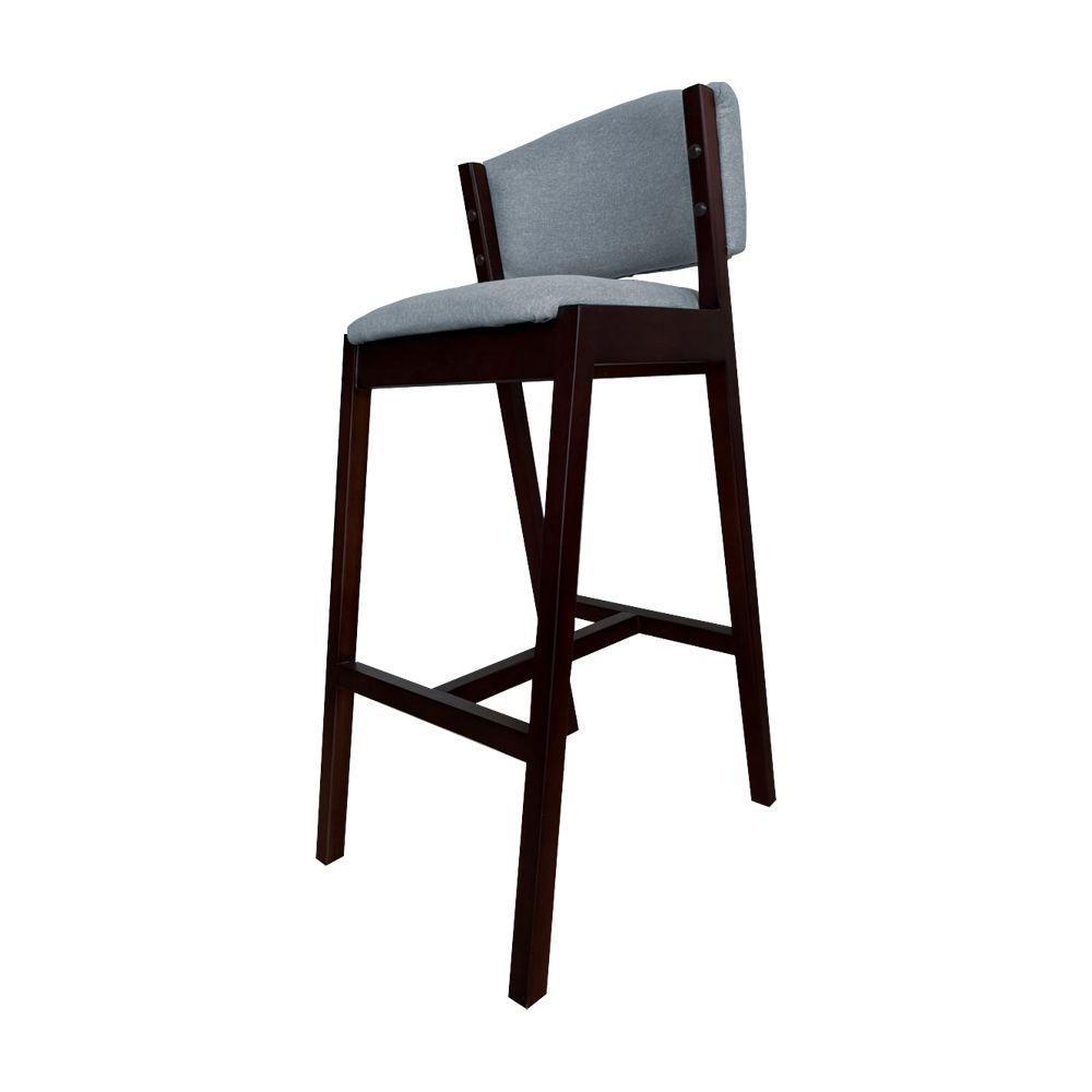 Banquetas Alta De Madeira Maciça Castanho Premium Ana Com Encosto Linho Cinza - Cor: Cinza - 4