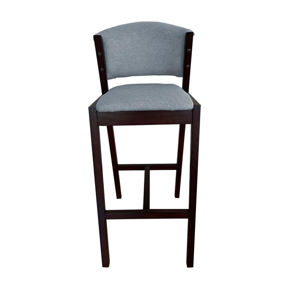 Banquetas Alta De Madeira Maciça Castanho Premium Ana Com Encosto Linho Cinza - Cor: Cinza - 5