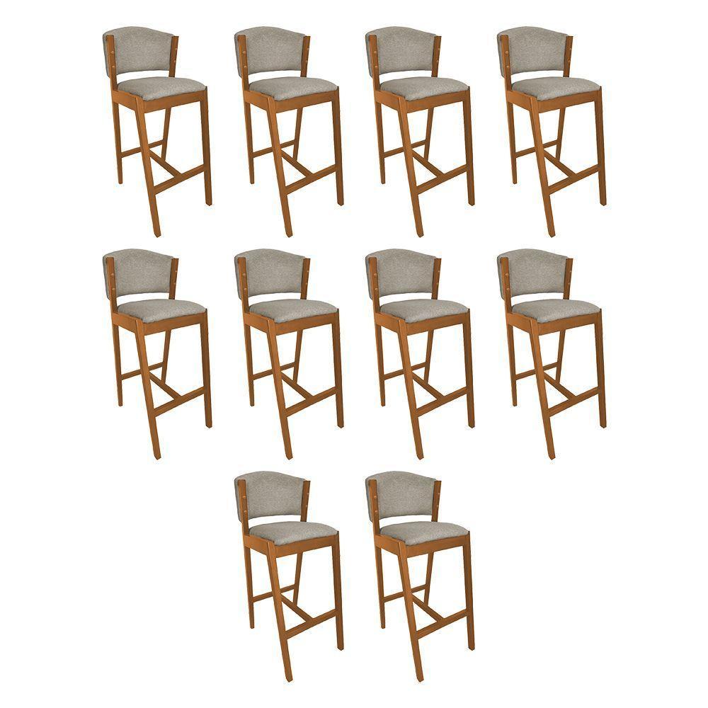 Kit 10 Banquetas Alta De Madeira Maciça Cerejeira Premium Ana Com Encosto Linho Bege - Cor: Bege - 1
