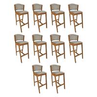 Kit 10 Banquetas Alta De Madeira Maciça Cerejeira Premium Ana Com Encosto Linho Bege - Cor: Bege - 1