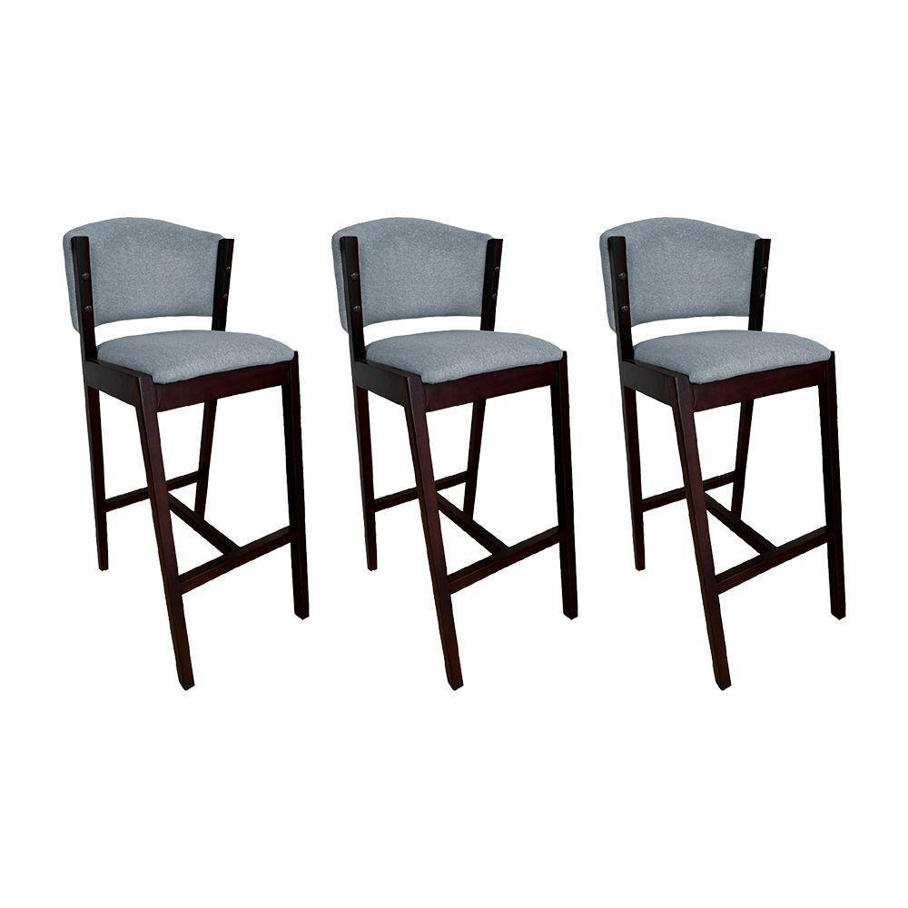 Kit 3 Banquetas Alta De Madeira Maciça Castanho Premium Ana Com Encosto Linho Cinza - Cor: Cinza - 1