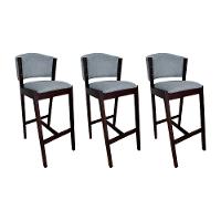 Kit 3 Banquetas Alta De Madeira Maciça Castanho Premium Ana Com Encosto Linho Cinza - Cor: Cinza - 1