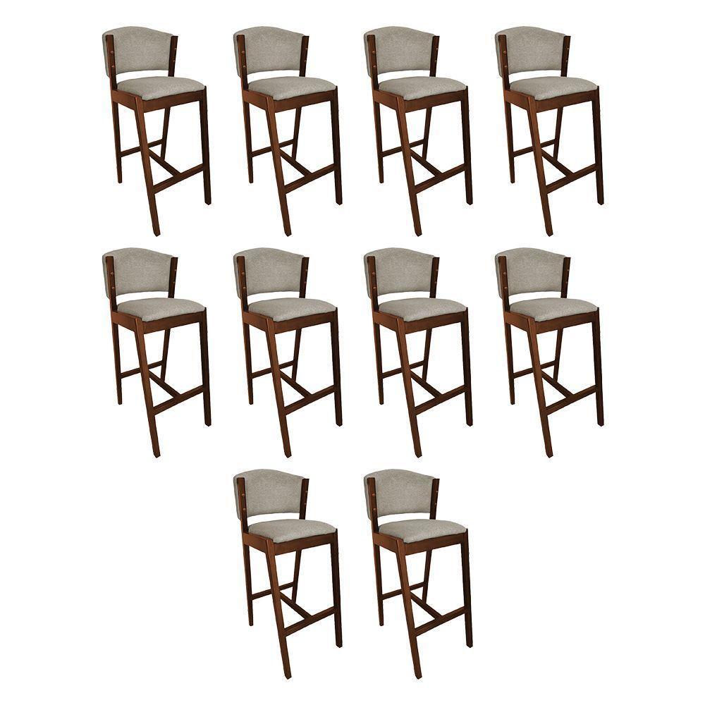 Kit 10 Banquetas Alta De Madeira Maciça Mel Premium Ana Com Encosto Linho Bege - Cor: Bege - 1