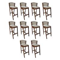 Kit 10 Banquetas Alta De Madeira Maciça Mel Premium Ana Com Encosto Linho Bege - Cor: Bege - 1