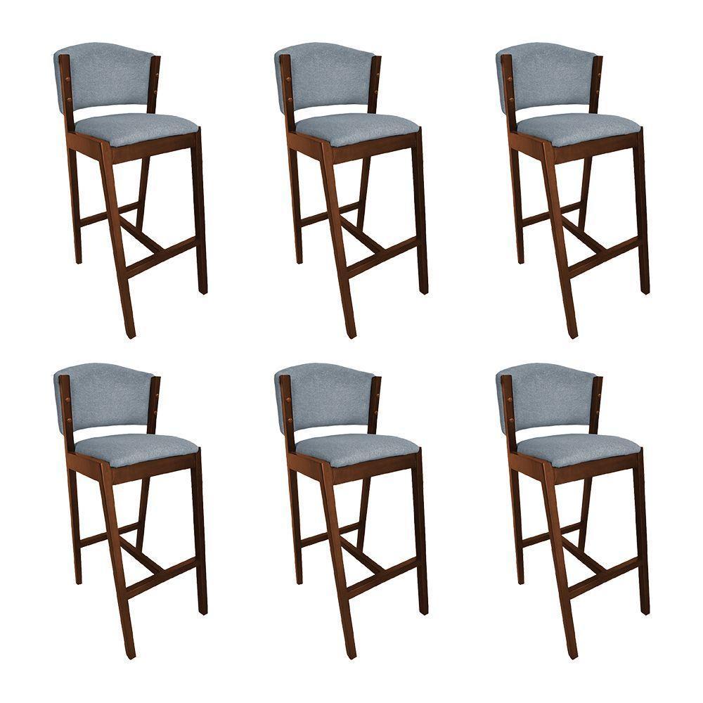 Kit 6 Banquetas Alta De Madeira Maciça Mel Premium Ana Com Encosto Linho Cinza - Cor: Cinza - 1