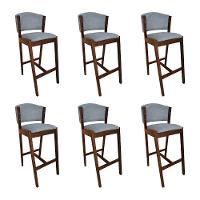 Kit 6 Banquetas Alta De Madeira Maciça Mel Premium Ana Com Encosto Linho Cinza - Cor: Cinza - 1