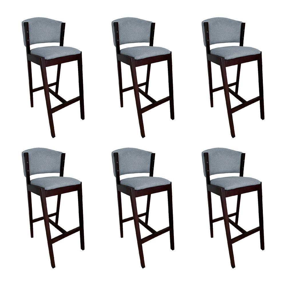 Kit 6 Banquetas Alta De Madeira Maciça Castanho Premium Ana Com Encosto Linho Cinza - Cor: Cinza - 1