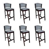 Kit 6 Banquetas Alta De Madeira Maciça Castanho Premium Ana Com Encosto Linho Cinza - Cor: Cinza - 1