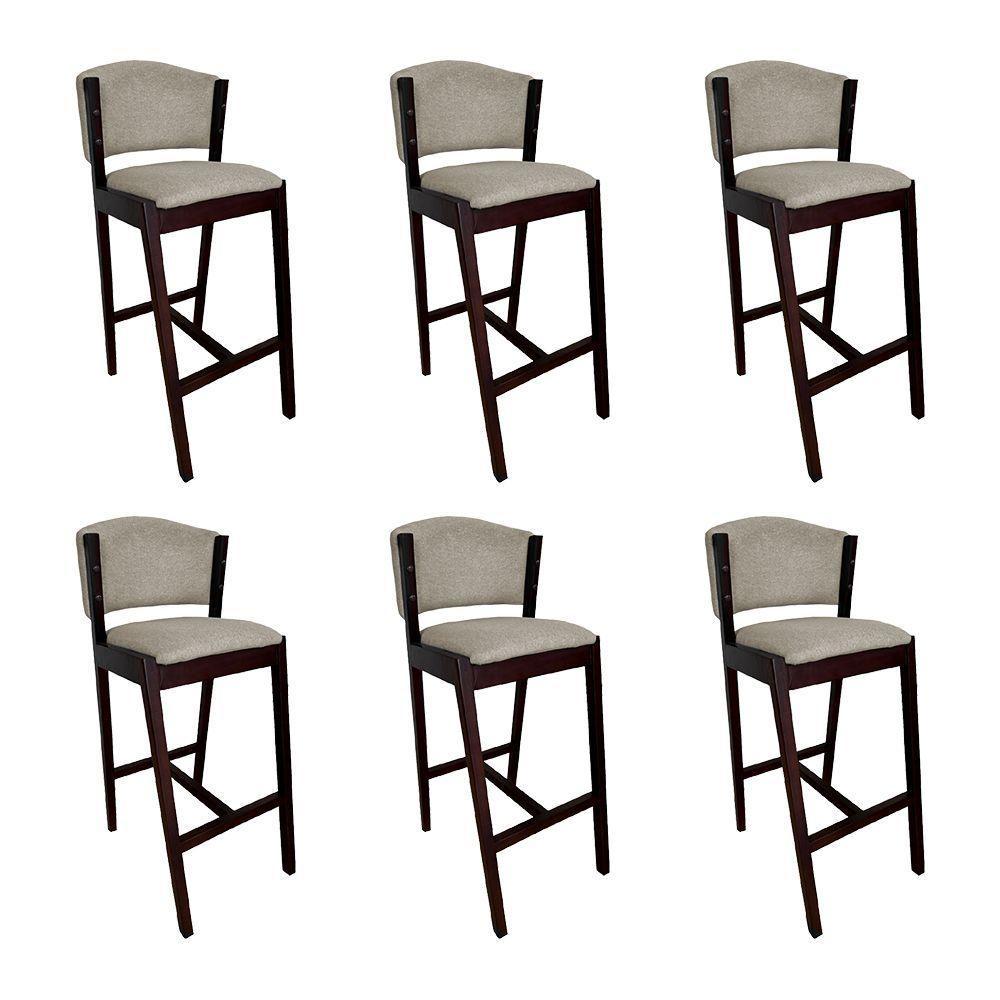 Kit 6 Banquetas Alta De Madeira Maciça Castanho Premium Ana Com Encosto Linho Bege - Cor: Bege - 1