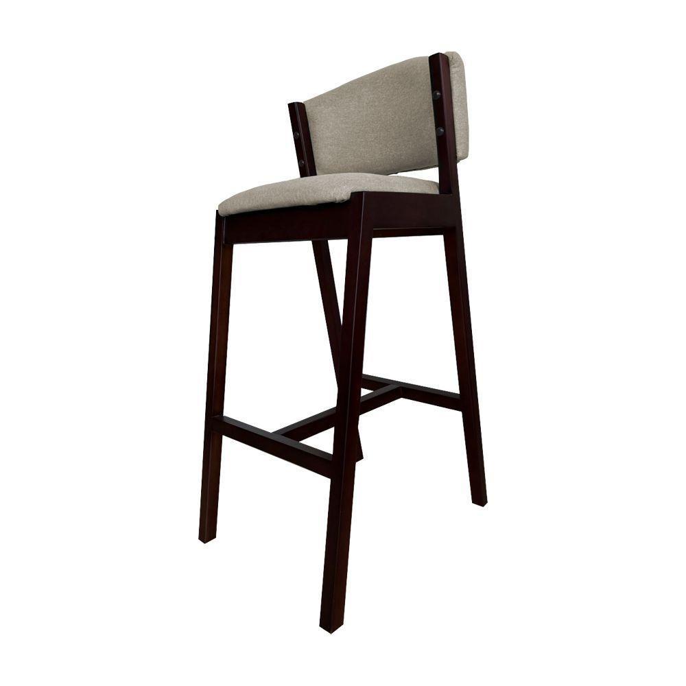 Kit 6 Banquetas Alta De Madeira Maciça Castanho Premium Ana Com Encosto Linho Bege - Cor: Bege - 4