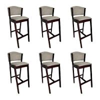 Kit 6 Banquetas Alta De Madeira Maciça Castanho Premium Ana Com Encosto Linho Bege - Cor: Bege - 1