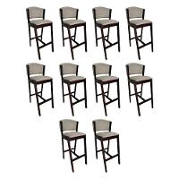 Kit 10 Banquetas Alta De Madeira Maciça Castanho Premium Ana Com Encosto Linho Bege - Cor: Bege - 1