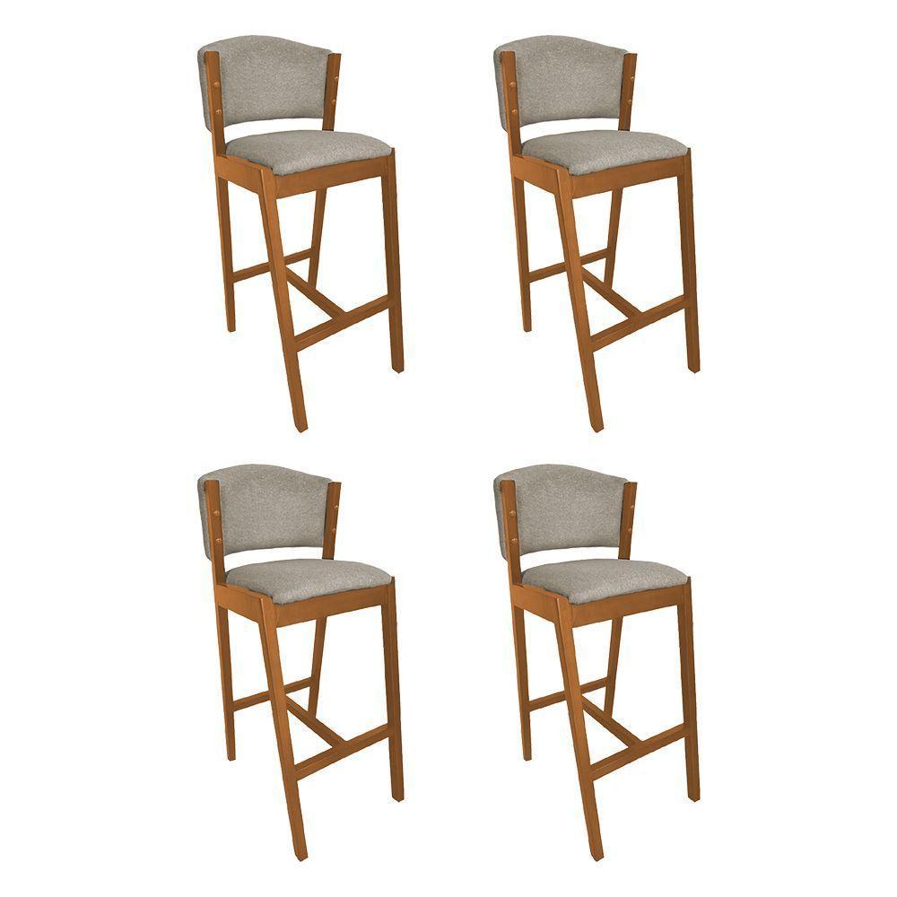 Kit 4 Banquetas Alta De Madeira Maciça Cerejeira Premium Ana Com Encosto Linho Bege - Cor: Bege - 1