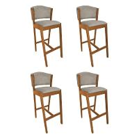 Kit 4 Banquetas Alta De Madeira Maciça Cerejeira Premium Ana Com Encosto Linho Bege - Cor: Bege - 1