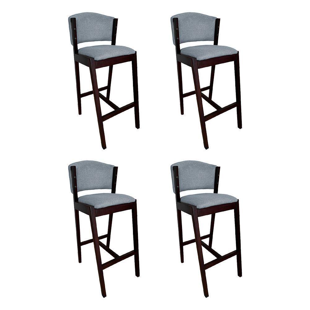 Kit 4 Banquetas Alta De Madeira Maciça Castanho Premium Ana Com Encosto Linho Cinza - Cor: Cinza - 1