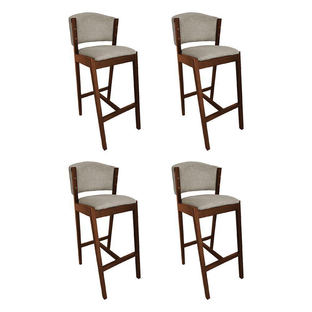 Kit 4 Banquetas Alta De Madeira Maciça Mel Premium Ana Com Encosto Linho Bege - Cor: Bege - 1