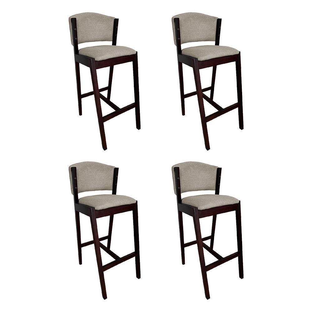 Kit 4 Banquetas Alta De Madeira Maciça Castanho Premium Ana Com Encosto Linho Bege - Cor: Bege - 1