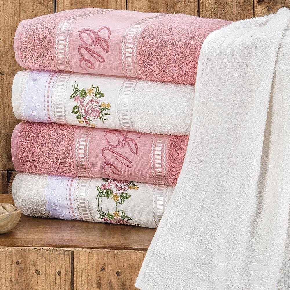 Jogo De Banho Toalhas Ponto Russo 100% Algodão Macio 05 Peças Bordado - Rosê - 1