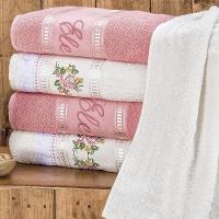 Jogo De Banho Toalhas Ponto Russo 100% Algodão Macio 05 Peças Bordado - Rosê - 1