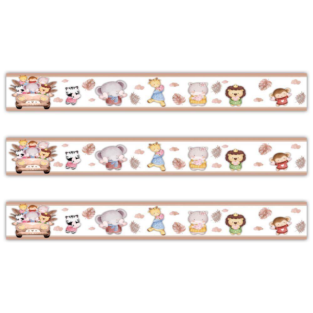 Kit 3 Faixas Decorativas Papel Parede Infantil Animais Carro Titulo Marrom - 1
