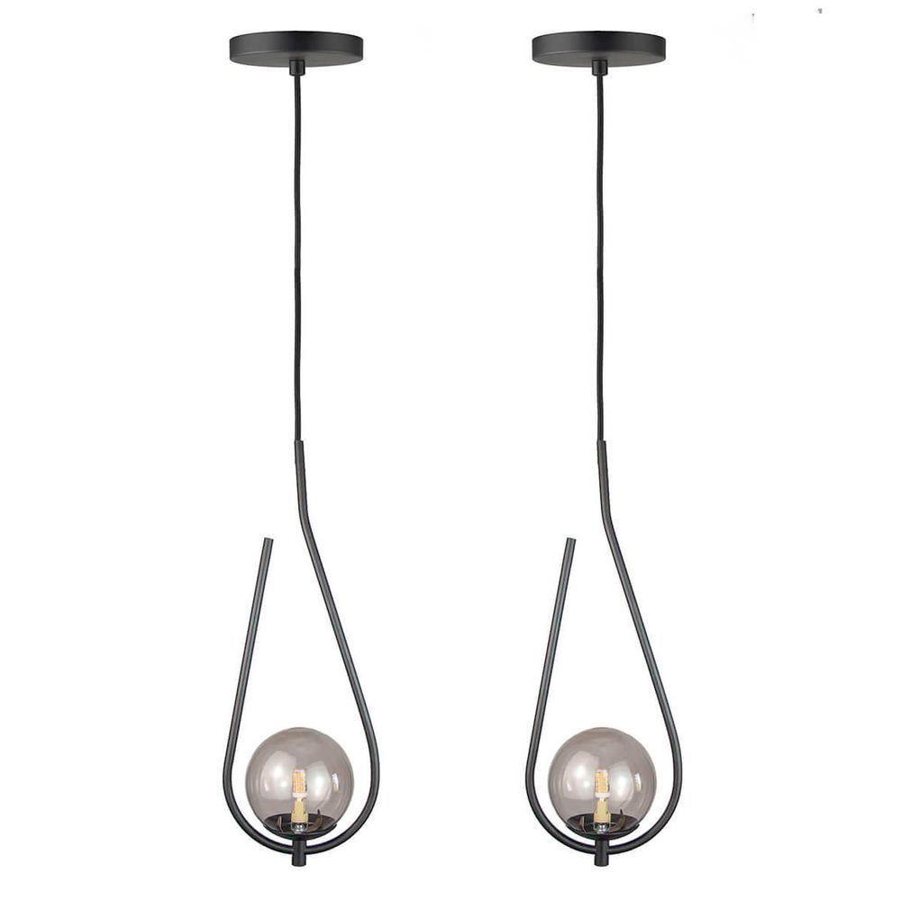 Kit 2 Pendentes Lustres On Drop Preto Globo De Vidro Fume - 1