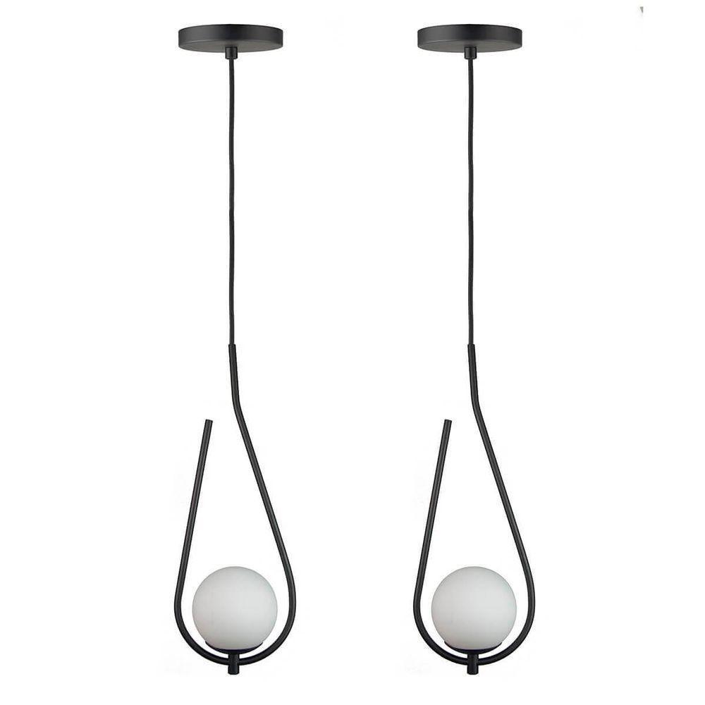 Kit 2 Pendentes Lustres On Drop Preto Globo De Vidro Branco - 1