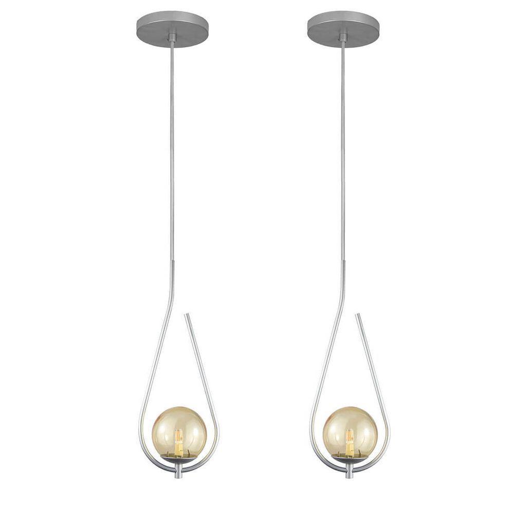 Kit 2 Pendentes Lustres On Drop Prata Globo De Vidro Ambar - 1