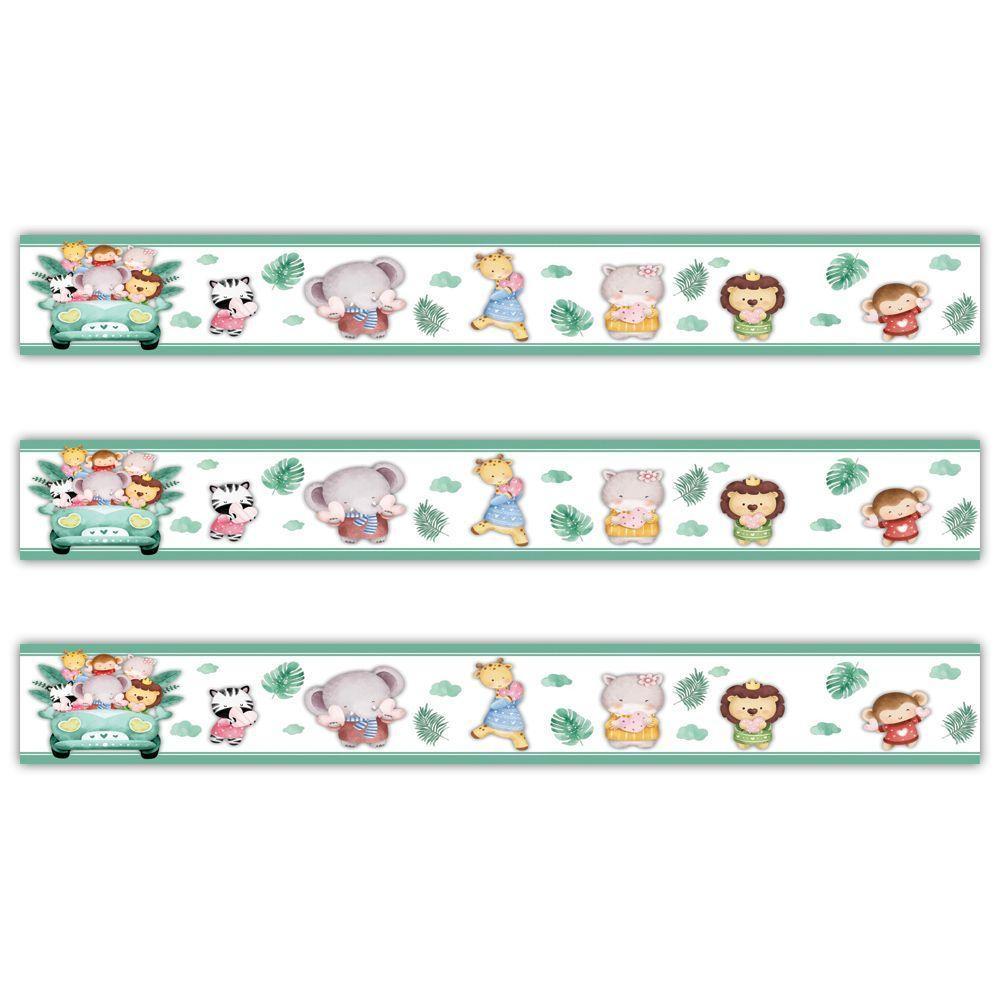 Kit 3 Faixas Decorativas Papel Parede Infantil Animais Carro Titulo Verde - 1