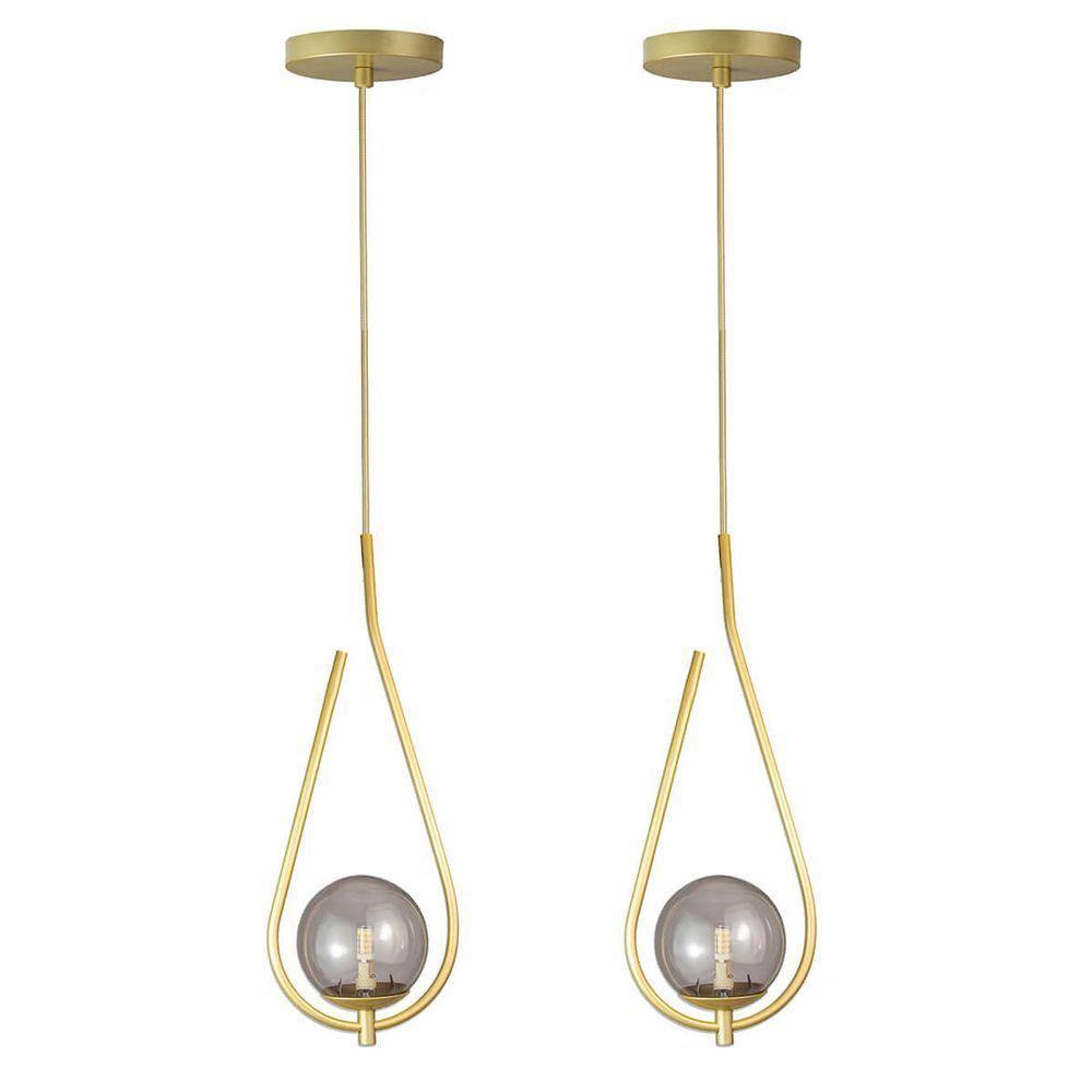 Kit 2 Pendentes Lustres On Drop Dourado Globo De Vidro Fume - 1