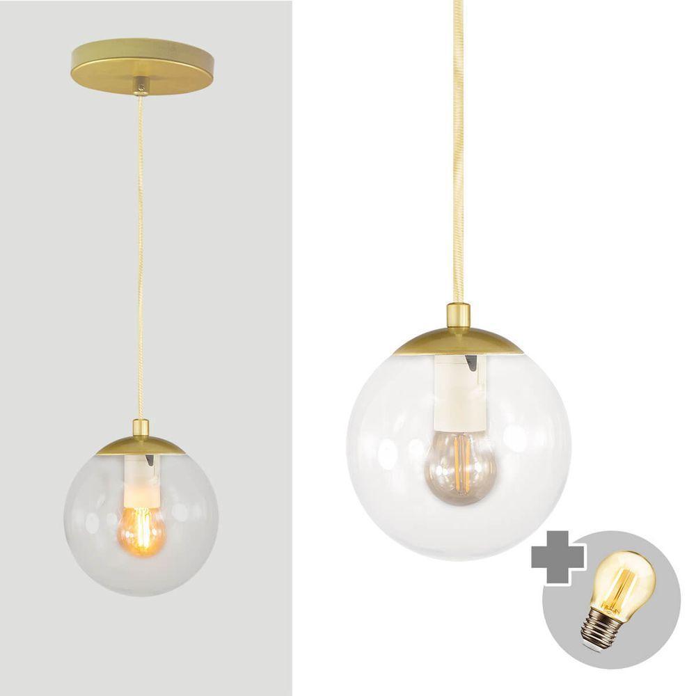 Pendente Ouro C/ Globo De Vidro Cristal De 14cm + Led 2w - 1