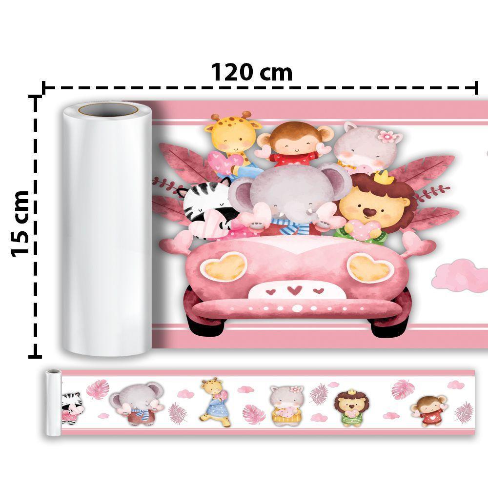 Kit 3 Faixas Decorativas Papel Parede Infantil Animais Carro Titulo Rosa - 6