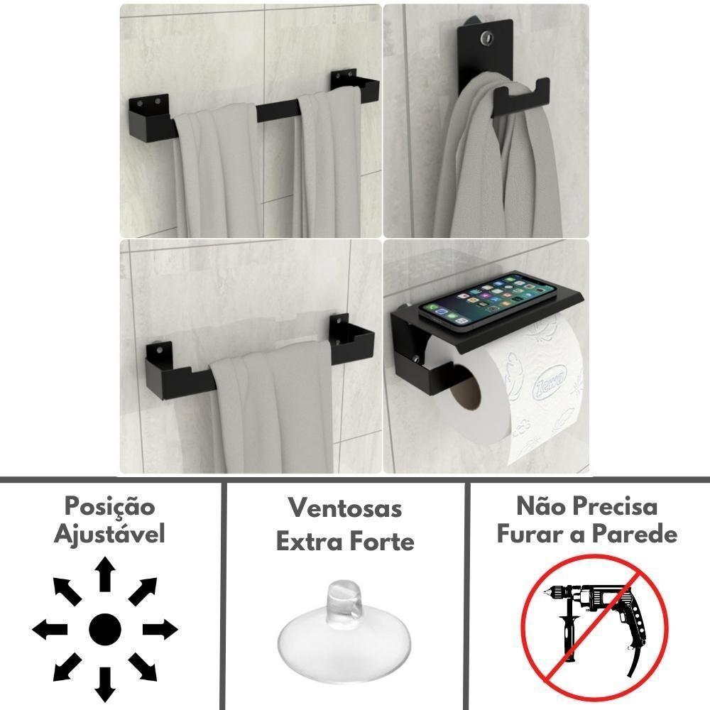 Kit Acessórios Para Banheiro Com Ventosa 4 Peças Preto Elg - 9