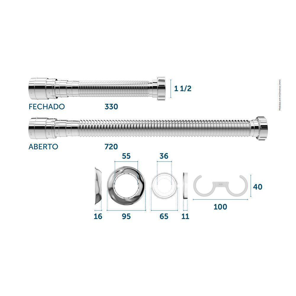 Sifão Sanfonado Extensível Blukit 72cm Cromado Universal - 3