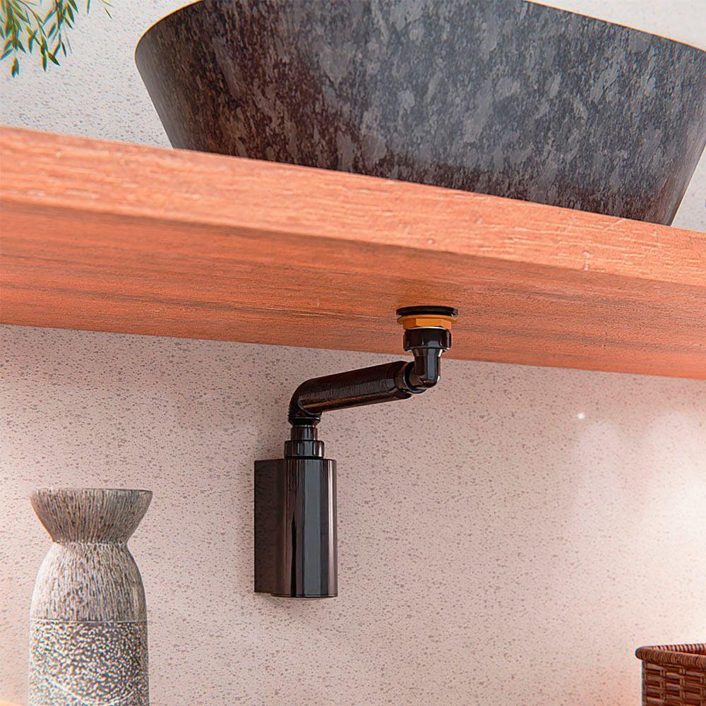 Sifão Sanfonado Blukit De Parede Com Copo 47cm Preto Universal - 2
