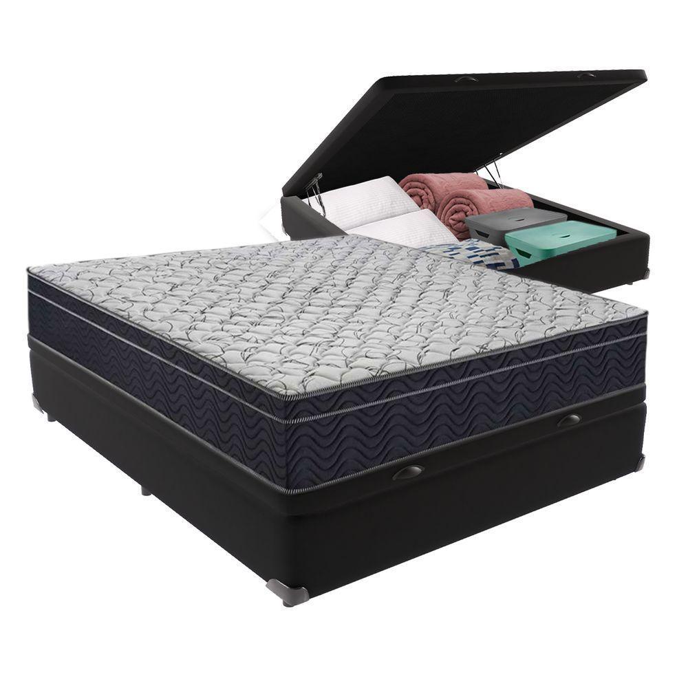 Cama + Box Bau Casal Colchão Extra Firme Ortobom D45 Airtech Cor:preto - 1