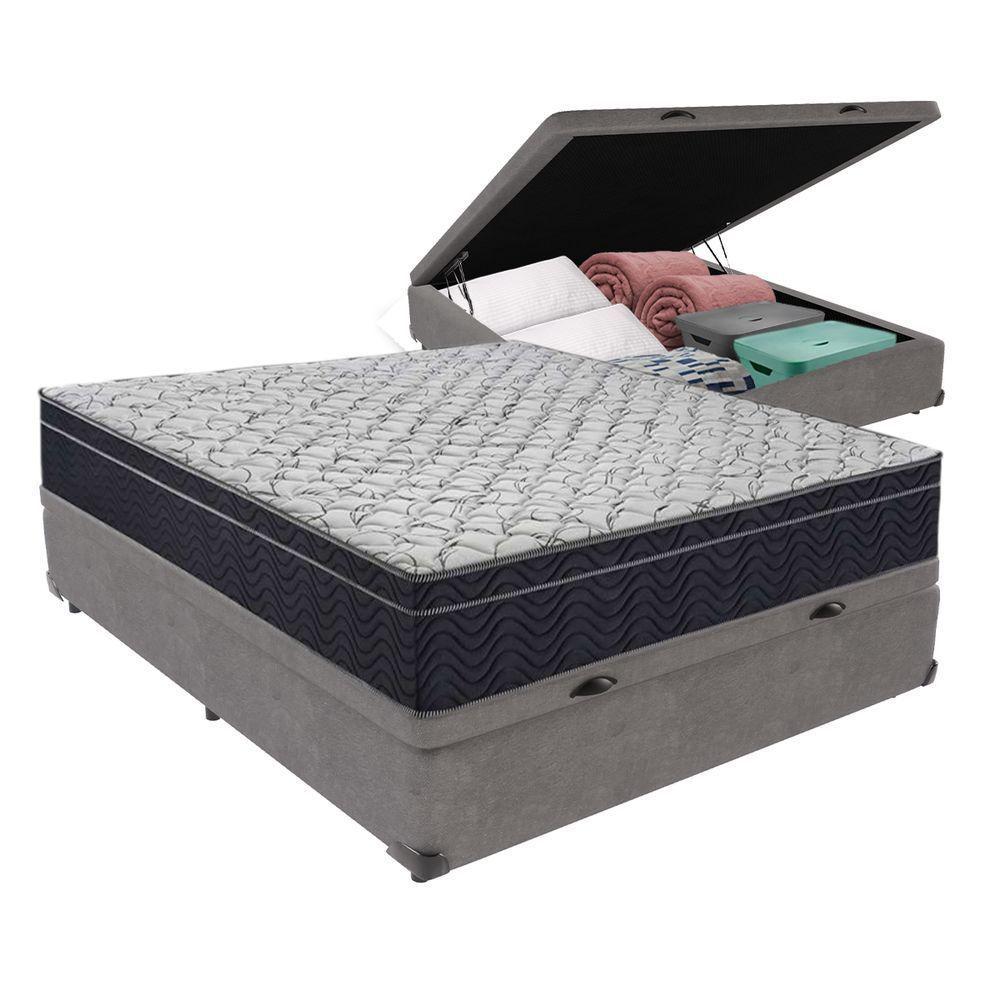 Cama + Box Bau Casal Colchão Extra Firme Ortobom D45 Airtech Cor:cinza - 1