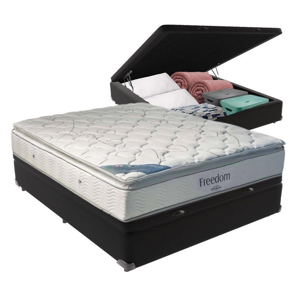 Cama + Box Com Baú Casal E Colchão Freedom Ortobom D33 Cor:preto - 1