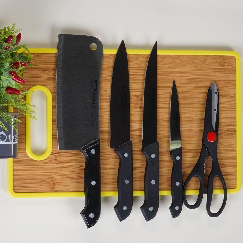 Kit Carnes E Legumes 6 Peças Com 4 Facas Tesoura E Tábua Preto - 3