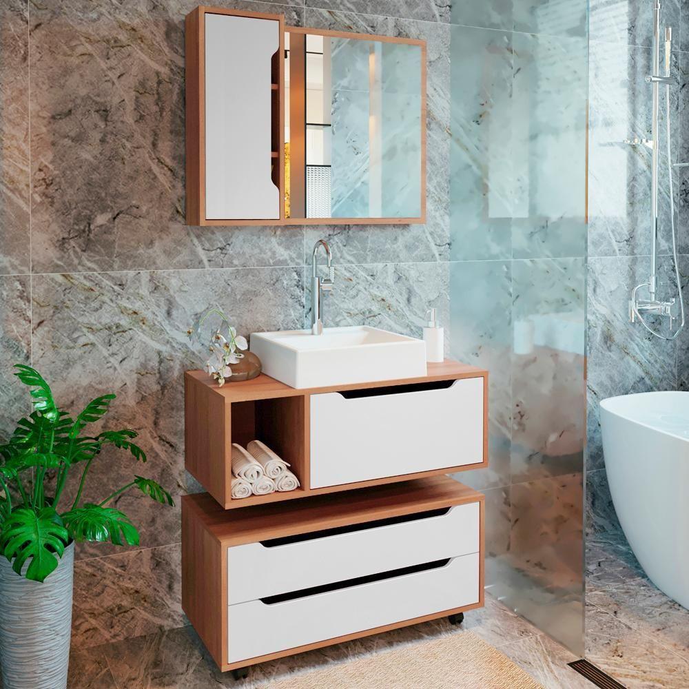 Conjunto 4 Peças Para Banheiro Bn3600x43x44x45 Amendoa Branco Tecno Mobili Amendoa Branco - 6