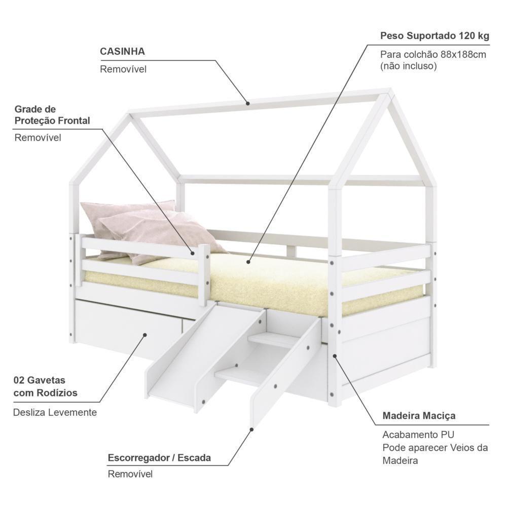 Cama Casinha Slim Rb Com Kit Escada-escorregador 02 Gavetas E Grade De Proteção Branco Housin - 7