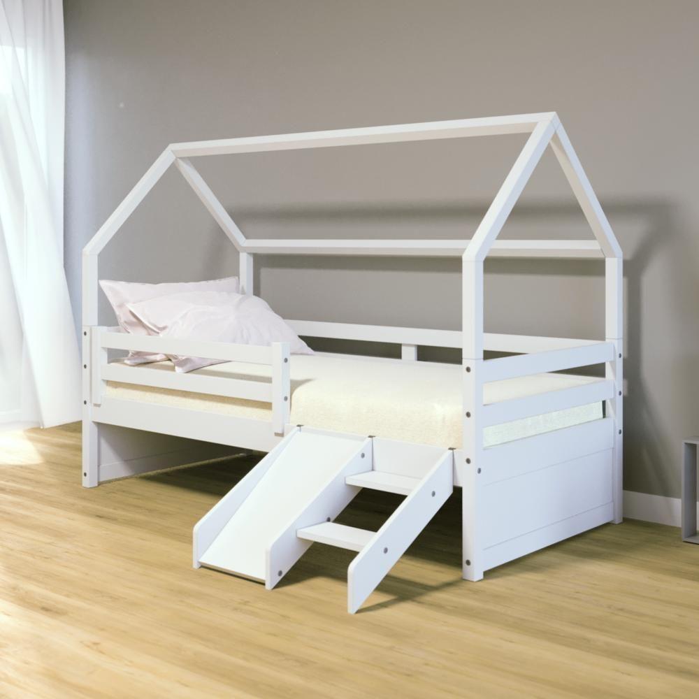 Cama Casinha Slim Rb Com Kit Escada- Escorregador E Grade De Proteção Branco Housin - 1
