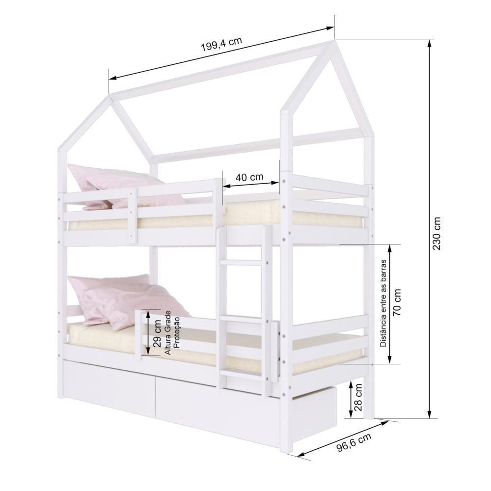 Beliche Casinha Solteiro Slim Rb Com 02 Gavetas E Grade De Proteção Madeira Maciça Branco Housin - 4