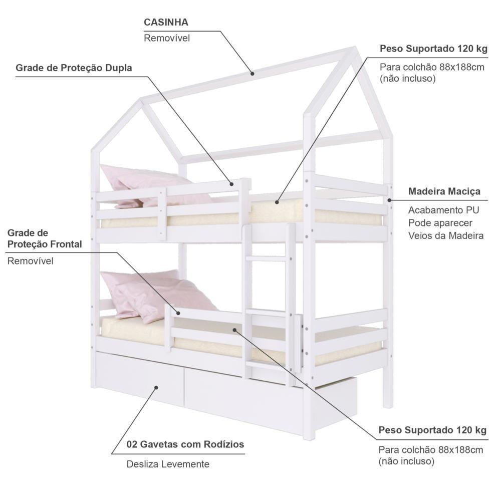 Beliche Casinha Solteiro Slim Rb Com 02 Gavetas E Grade De Proteção Madeira Maciça Branco Housin - 5
