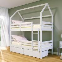 Beliche Casinha Solteiro Slim Rb Com 02 Gavetas E Grade De Proteção Madeira Maciça Branco Housin - 1