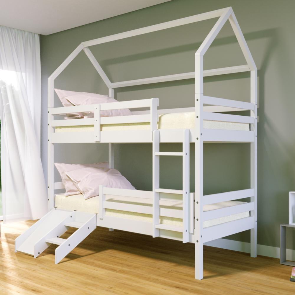 Beliche Casinha Solteiro Slim Com Kit Escada-escorregador E Grade De Proteção Madeira Maciça Branco - 1