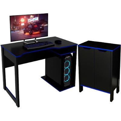 Conjunto Mesa E Armario Gamer Me4161xme4164 Preto Azul Tecno Mobili Preto Azul