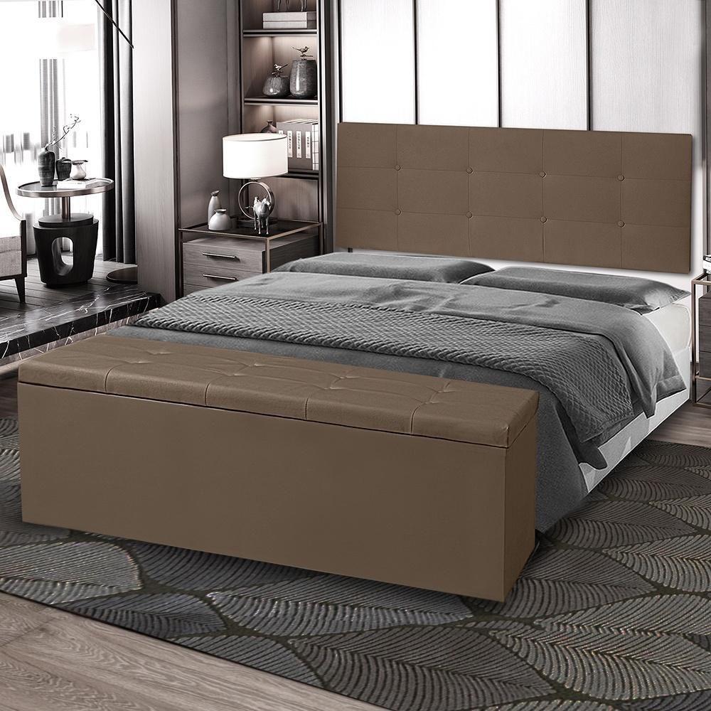 Kit Cabeceira Painel E Calçadeira Baú Casal 1,40m Berlim Suede Marrom Dal Poz Estofados - 4