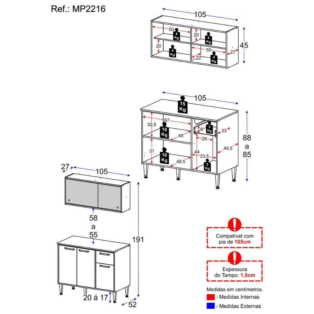 Armário De Cozinha Com Balcão Para Pia Siena Multimóveis Mp2216 Branco Branco - 7