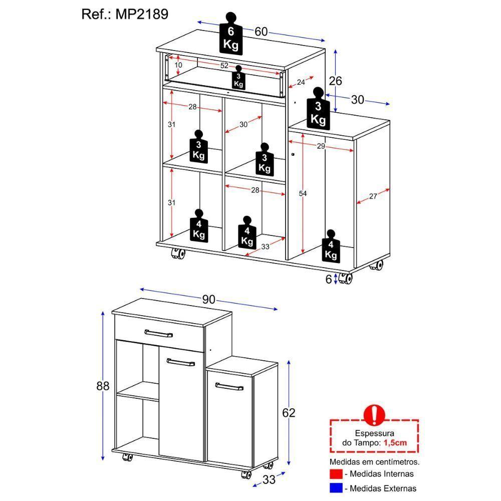 Armário De Cozinha Balcão Multiuso Para Microondas Multimóveis Mp2189 Branco Branco - 4