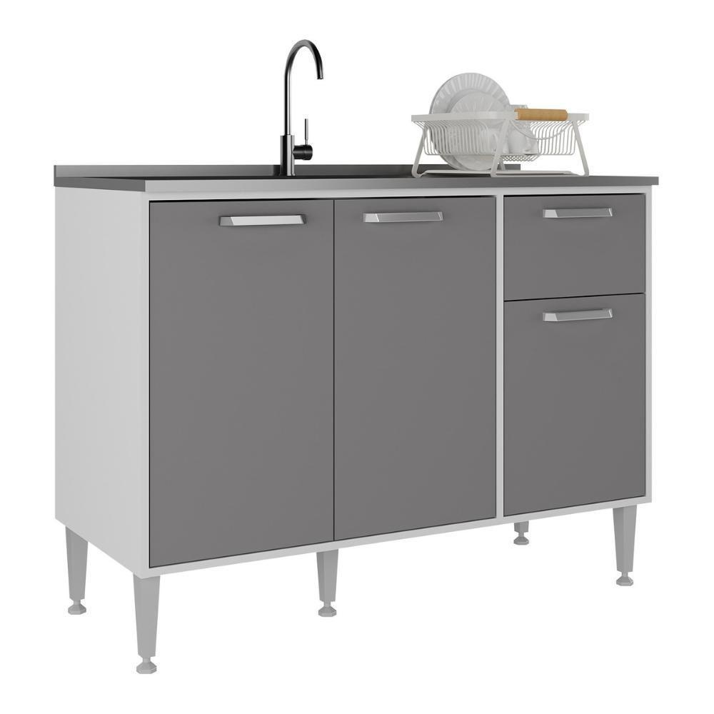 Balcão De Cozinha Gabinete Pia 105cm 3 Portas 1 Gaveta Branco-lacca Fumê Branco-lacca Fumê - 2